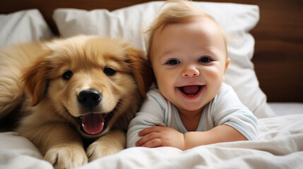 Small child lies on a bed with a dog. Dog and cute baby childhood friendship. Little boy and Dog
