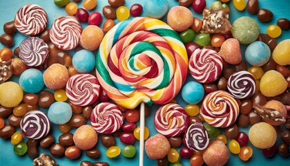 Fototapeta na wymiar colorful lollipops and different colored round candy top view