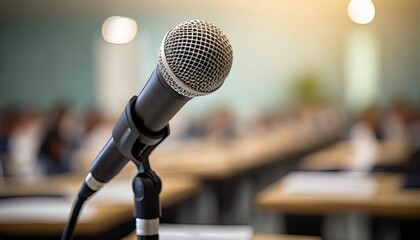 microphone for speaker on abstract blurred of speech in seminar room or speaking conference for audience at university