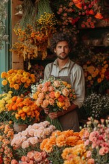 Small business. A male florist in a flower shop. Flower delivery, ordering