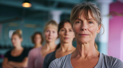 A small group of mature woman stand spread apart in a fitness studio