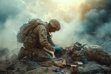 Combat medic dressing wounded soldier providing first aid on battlefield - Powered by Adobe