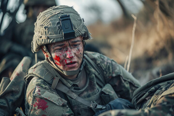 Combat medic dressing wounded soldier providing first aid on battlefield - obrazy, fototapety, plakaty