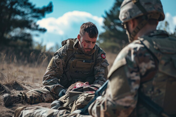Combat medic dressing wounded soldier providing first aid on battlefield