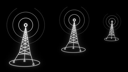 White neon three wireless towers with radio waves on a black background. A neon-glow symbol of a three-broadcast tower on a black background. Three antenna tower icon collection. Wireless cellular