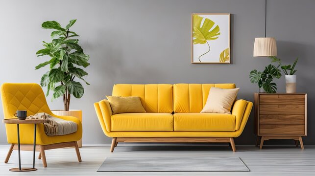 Stylish home decor with vintage retro living room featuring a mock up poster frame, yellow velvet sofa, plants, wooden commode, coffee table, and personal accessories.