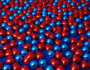The image is filled with red and blue metal 3D hearts scattered across a blue surface.