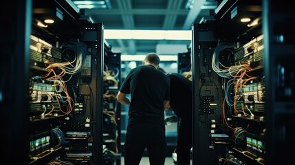 IT specialists at server room, repair servers