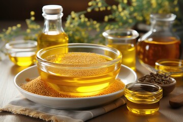 sesame oil extract with isolated kitchen table professional advertising food photography