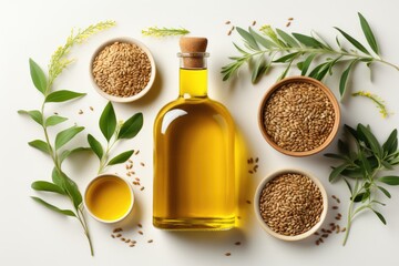 sesame oil extract with isolated kitchen table professional advertising food photography - obrazy, fototapety, plakaty