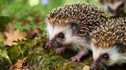 Fototapeta premium Capture the charm of miniature hedgehogs in a carefully staged woodland setting, emphasizing the intricate details of their adorable spines