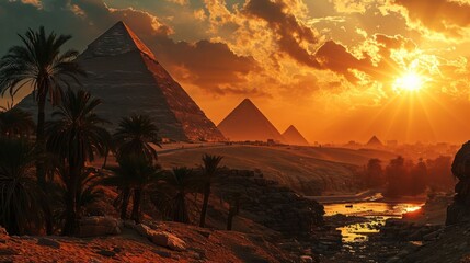 Captivate the essence of an Ancient Egyptian desert landscape at sunset, featuring majestic pyramids and palm trees in a warm, golden glow