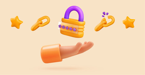 Yellow lock and chains icons with cartoon human hand. Safety, encryption, protection, privacy signs. Data protection padlock with password 3d cartoon design on light background.