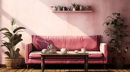 Actual image of a pink velvet couch, plant, coffee table with pots and cups on a wall in a living room.