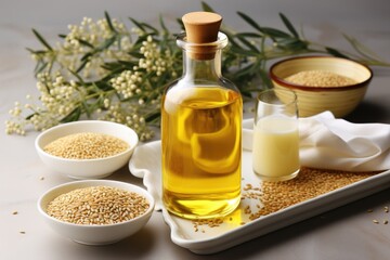 sesame oil extract with isolated kitchen table professional advertising food photography