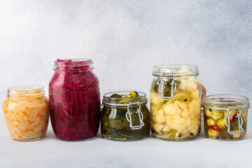 Cabbage fermentation, white cabbage with carrots and sweet peppers, red cabbage with onions,...