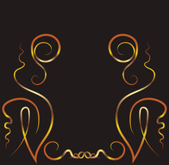 Symmetrical design with swirls. Ornament, applique, background with space for an inscription. Gold gradient on a black background for printing on fabric, applique and cards.