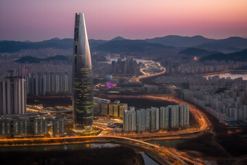 Skyline of Seoul, South Korea, aerial view. Commercial and residential buildings seen from the rooftop of Lotte Corp. World Tower at sunset in Seoul South Korea. Lotte World Tower, Seoul's green tower - obrazy, fototapety, plakaty