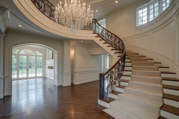 Spacious Foyer With Chandelier and Staircase
