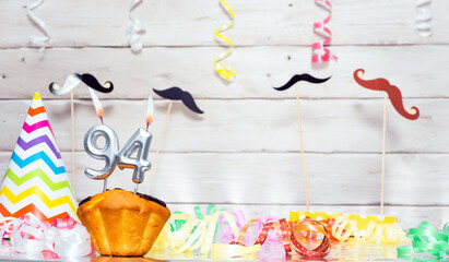 Birthday with number  94. Date of birth with number and candles, copy space. Anniversary background...