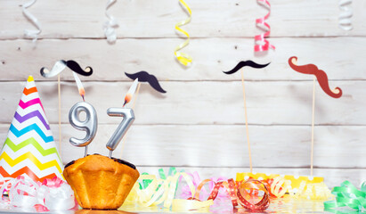 Birthday with number  97. Date of birth with number and candles, copy space. Anniversary background...