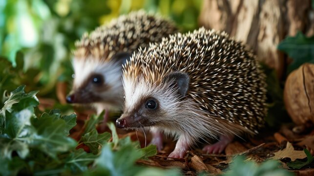 Capture the charm of miniature hedgehogs in a carefully staged woodland setting, emphasizing the intricate details of their adorable spines