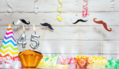 Birthday with number  45. Date of birth with number and candles, copy space. Anniversary background...
