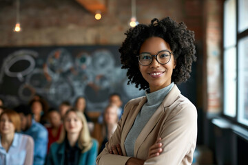 Obraz premium Woman Standing in Front of Group of People, Leadership in Action