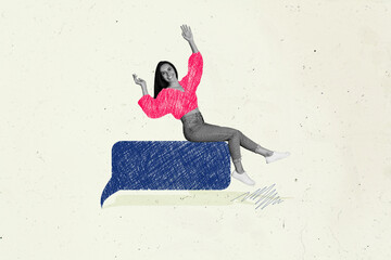Picture image collage poster of happy lady sitting on text box speaking forum advertising shopping...