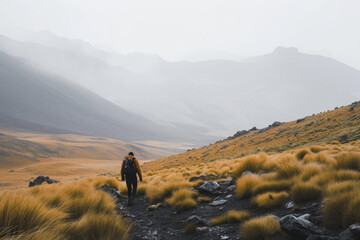 Obraz premium Man Walking Through Scenic Mountain Trail