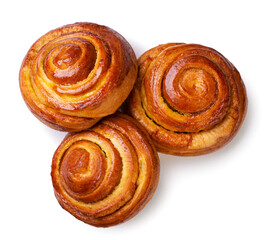 Three buns roll on a white background. Top view.