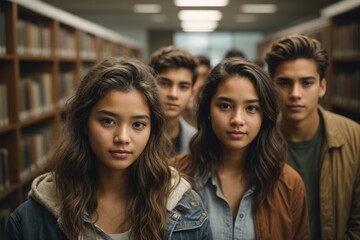 Fototapeta premium Multiracial young student friends in library of university. Concept of multi-ethnic friendship, education. AI generated