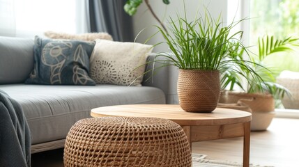 Wooden coffee table, houseplant, and wicker basket complement the stylish ambiance near a gray sofa in a modern living room, showcasing elegant interior design