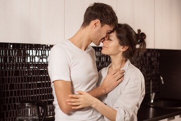 Naklejka premium Saint Valentine Day at home together, morning hugs. Heartfelt Moments