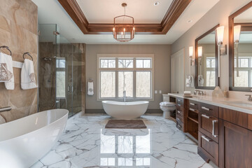 Spacious Bathroom With Elegant Marble Floors and a Luxurious Tub