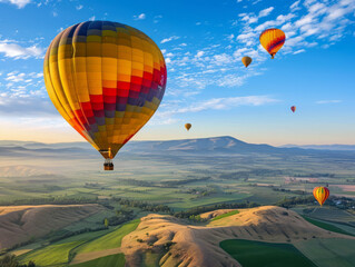 Hot air balloons flying over the valley. 3D render. Landscape.