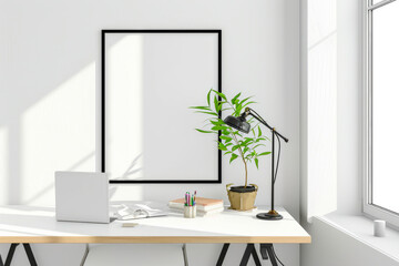 White Desk With Laptop and Plant for Productivity and Greenery