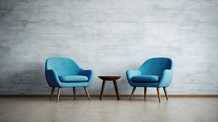 blue armchairs on wood flooring in an empty concrete room.
