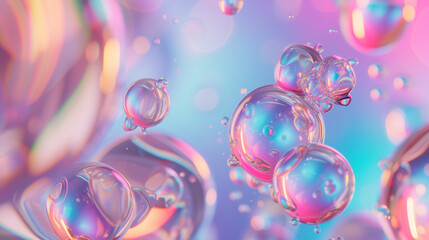 Super reflective, holographic abstract shapes and balls in surreal environement