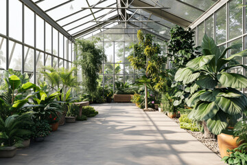 Verdant Assortment of Lush Plants in an Expansive Greenhouse