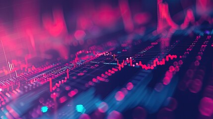 An intricate display of a stock market analysis interface with dynamic charts and graphs, illuminated with neon blue and red lights.