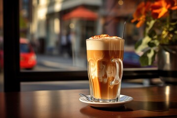 Caffee Latte in Transparent Glass at a Cozy Coffee Shop 
by the window with a view outside