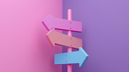 Three pastel-colored directional arrows pointing in different directions against a vibrant pink to purple gradient background, symbolizing choice and decision-making.