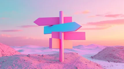 Papier Peint photo Violet A surreal scene featuring a colorful signpost with multiple arrows in a desert landscape under a beautiful pastel-colored sunset sky.