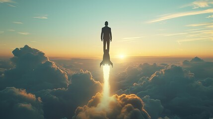 A powerful image capturing the silhouette of an individual standing on a rocket soaring high above the clouds during a breathtaking sunrise.
