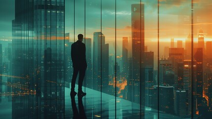 Silhouette of a businessman gazing out at a sprawling urban cityscape bathed in the golden hues of a setting sun, reflecting ambition and future goals.