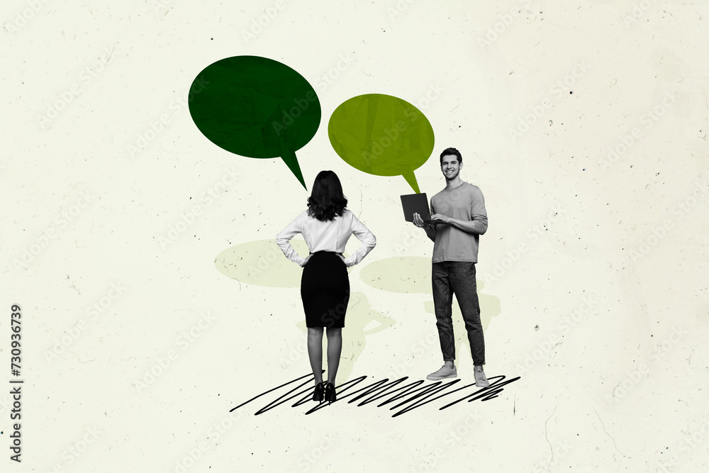 Poster pop retro pinup collage poster of two business people have distance job briefing chatting using netb