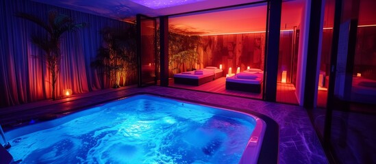 Nighttime view of a spa with illuminated interior