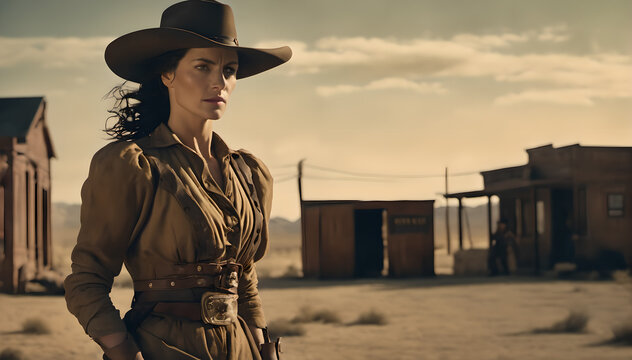 female cowboy in western town
