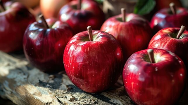closeup photography Apple fruit, highlighting its shiny red skin and cute stem, arranged in a dollhouse-inspired orchard scene